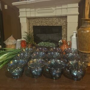 Set of 12 Indiana Glass, Princess Blue Harvest Grape Carnival Glass Punch Cups